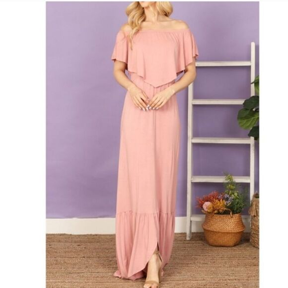 💲1️⃣0️⃣ Bundled ✔️Elegant Comfort Off Shoulder Maxi Dress sz Medium In Pink - Picture 11 of 13